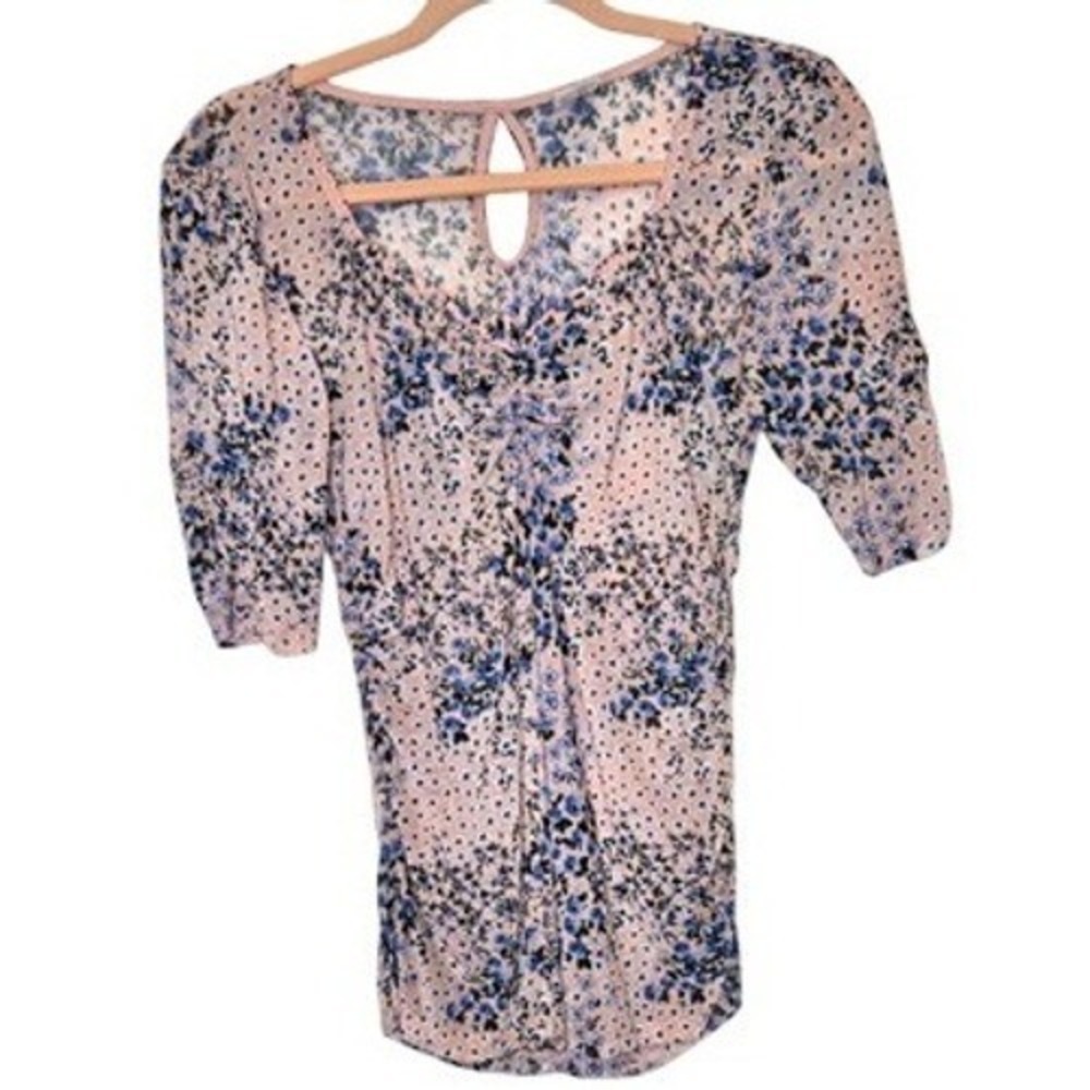 Y2K Top Womens S Pink Blue Dainty Floral Sheer Mesh Babydoll Ruched Henley Tee
